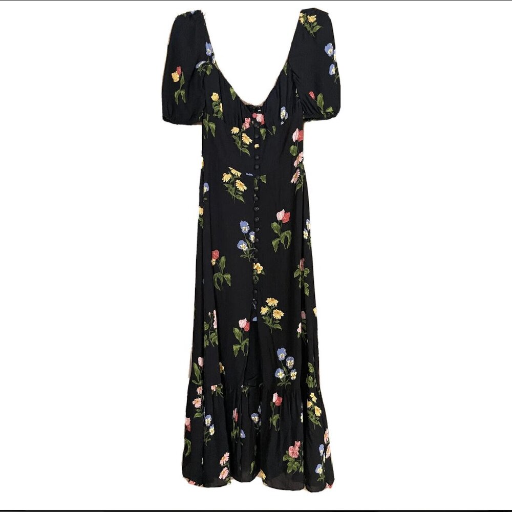 Reformation Size 2 Black Milkmaid Floral Puff Sleeve Black Dress Button
